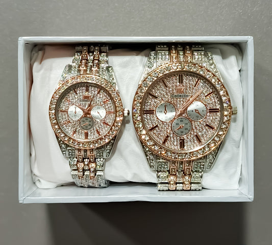 Luxury His & Hers Crystal Watch Set – Elegant Rose & Silver Couple Watch