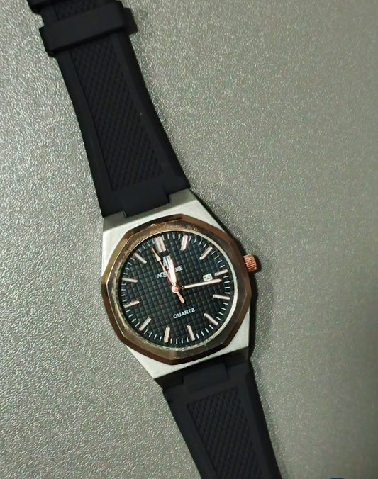 Classic Men’s Stainless Steel Quartz Watch – Elegant Black Dial with Rose Gold Bezel