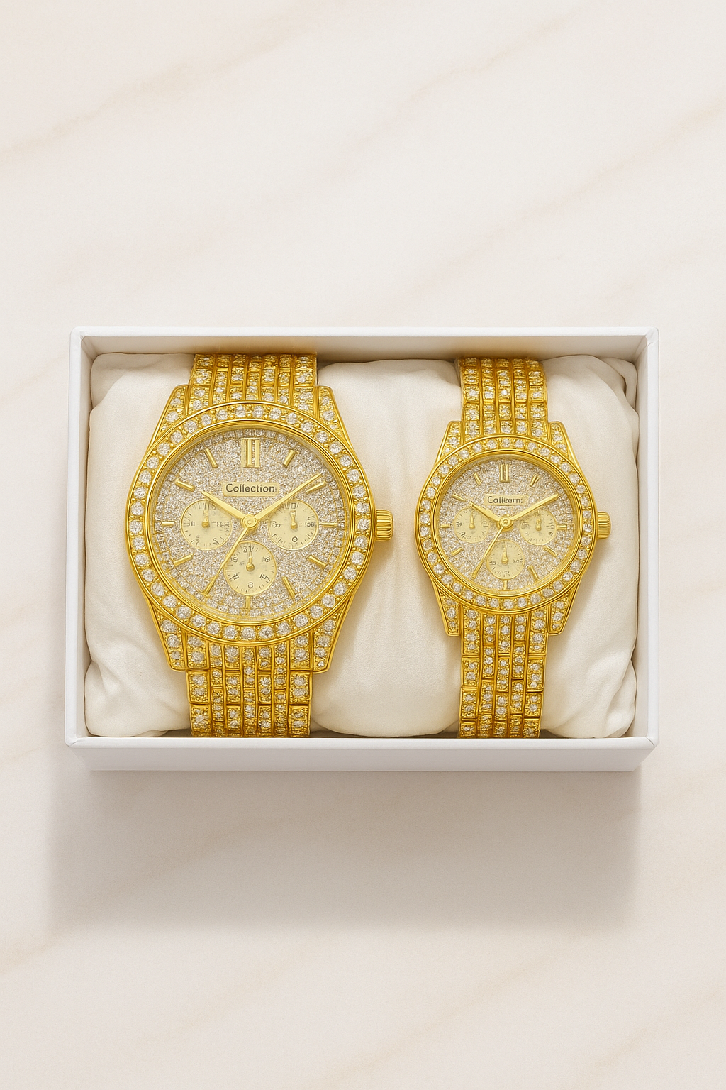 Royal Luxe Golden Diamond-Inspired Couple Watch Set