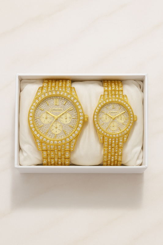Royal Luxe Golden Diamond-Inspired Couple Watch Set