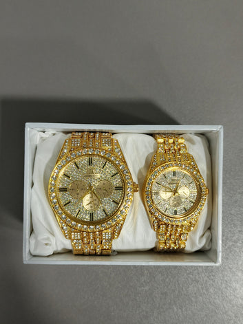 Royal Luxe Golden Diamond-Inspired Couple Watch Set